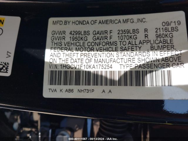 Photo 8 VIN: 1HGCV1F10KA175254 - HONDA ACCORD 