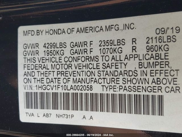 Photo 8 VIN: 1HGCV1F10LA002058 - HONDA ACCORD 