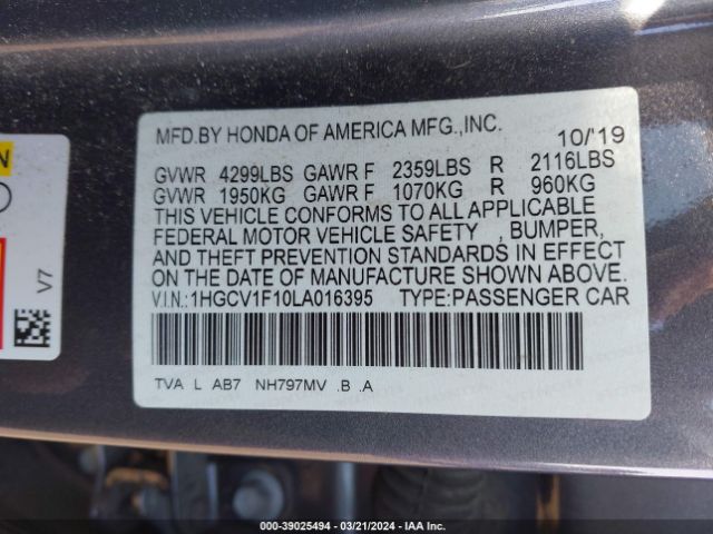 Photo 8 VIN: 1HGCV1F10LA016395 - HONDA ACCORD 