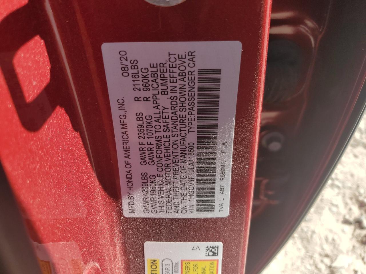 Photo 11 VIN: 1HGCV1F10LA116500 - HONDA ACCORD 