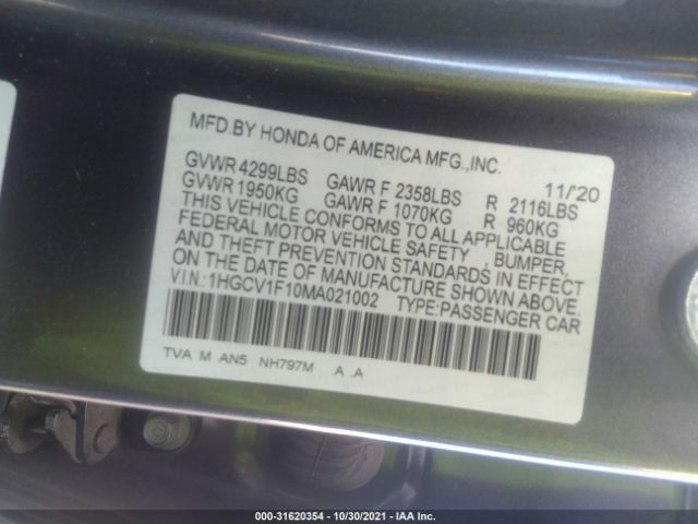 Photo 8 VIN: 1HGCV1F10MA021002 - HONDA ACCORD SEDAN 