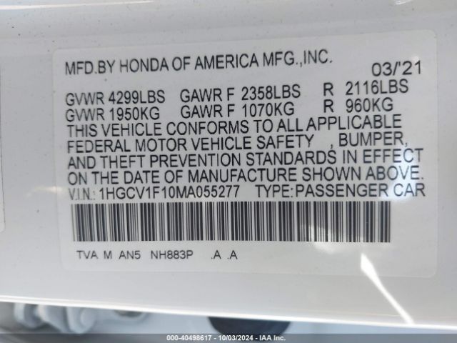 Photo 8 VIN: 1HGCV1F10MA055277 - HONDA ACCORD 