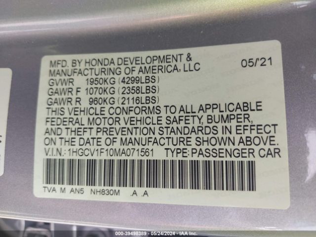 Photo 8 VIN: 1HGCV1F10MA071561 - HONDA ACCORD 