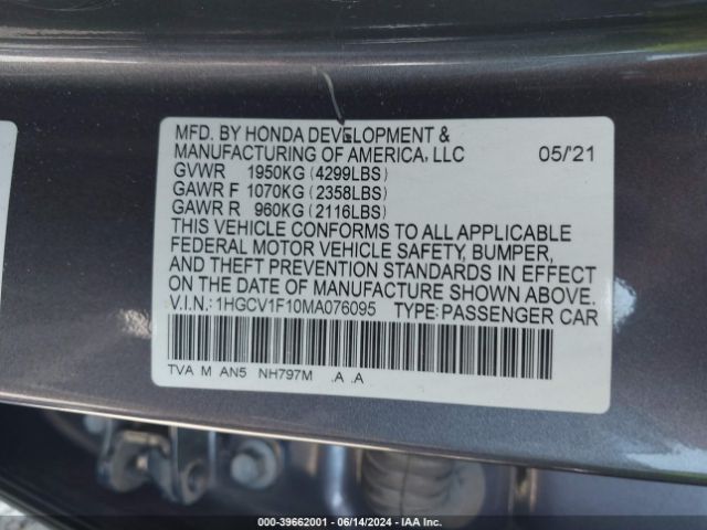 Photo 8 VIN: 1HGCV1F10MA076095 - HONDA ACCORD 