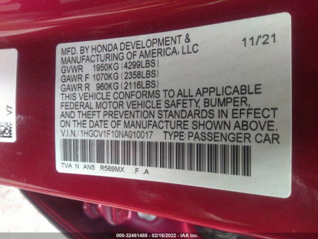 Photo 8 VIN: 1HGCV1F10NA010017 - HONDA ACCORD SEDAN 