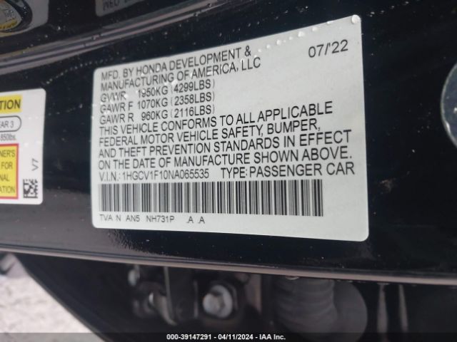 Photo 8 VIN: 1HGCV1F10NA065535 - HONDA ACCORD 