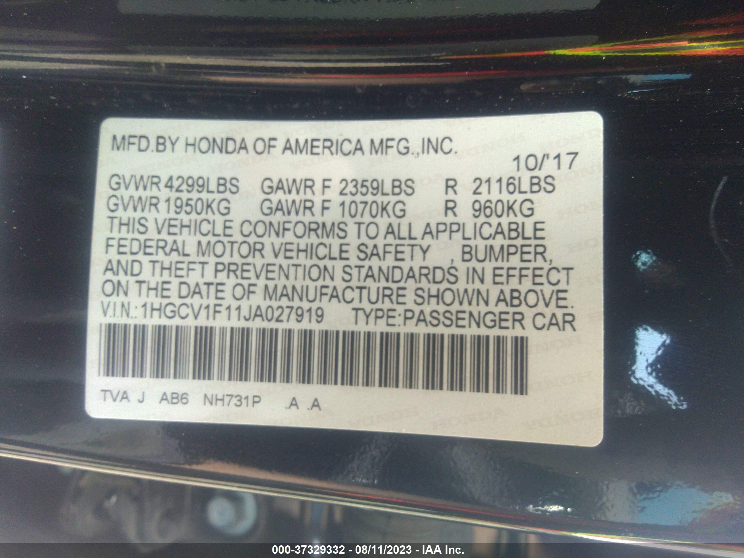 Photo 8 VIN: 1HGCV1F11JA027919 - HONDA ACCORD 