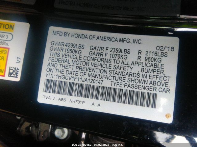 Photo 8 VIN: 1HGCV1F11JA120147 - HONDA ACCORD SEDAN 