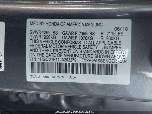 Photo 8 VIN: 1HGCV1F11JA202279 - HONDA ACCORD 