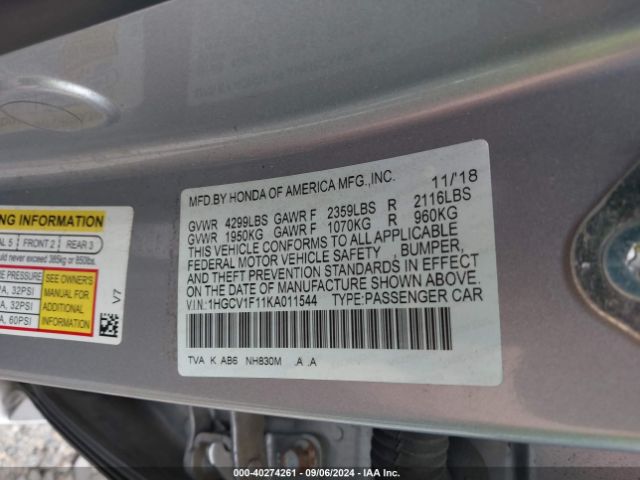 Photo 8 VIN: 1HGCV1F11KA011544 - HONDA ACCORD 