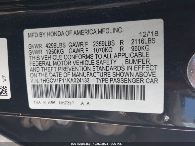 Photo 8 VIN: 1HGCV1F11KA024133 - HONDA ACCORD 