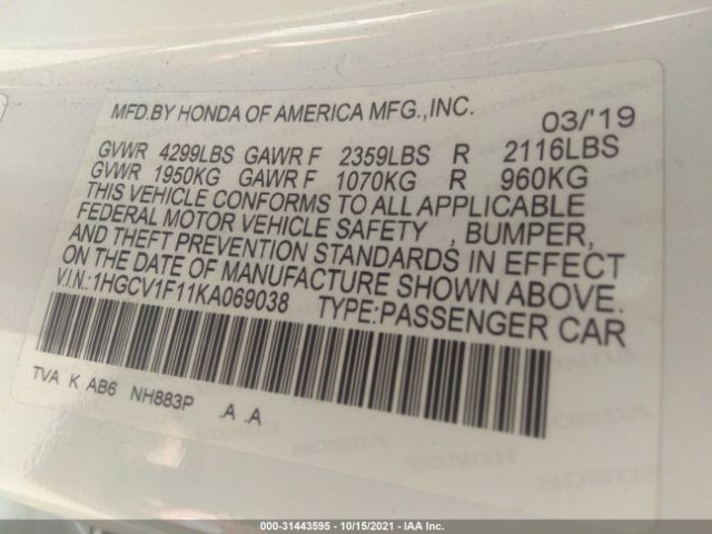 Photo 8 VIN: 1HGCV1F11KA069038 - HONDA ACCORD SEDAN 