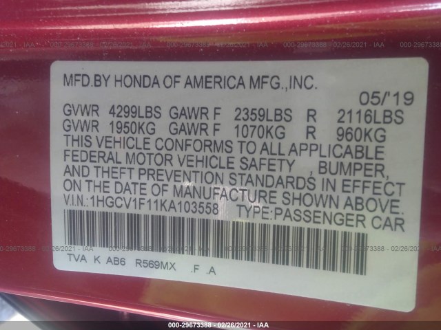 Photo 8 VIN: 1HGCV1F11KA103558 - HONDA ACCORD SEDAN 