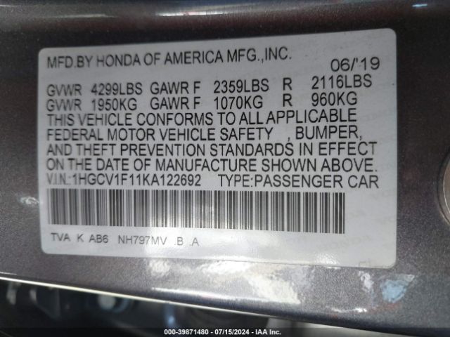 Photo 8 VIN: 1HGCV1F11KA122692 - HONDA ACCORD 