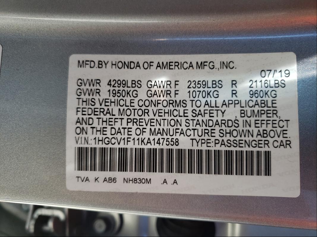 Photo 9 VIN: 1HGCV1F11KA147558 - HONDA ACCORD LX 