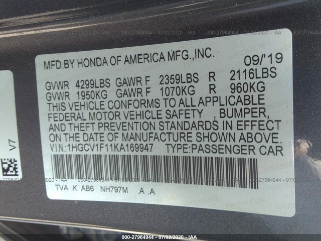 Photo 8 VIN: 1HGCV1F11KA169947 - HONDA ACCORD SEDAN 