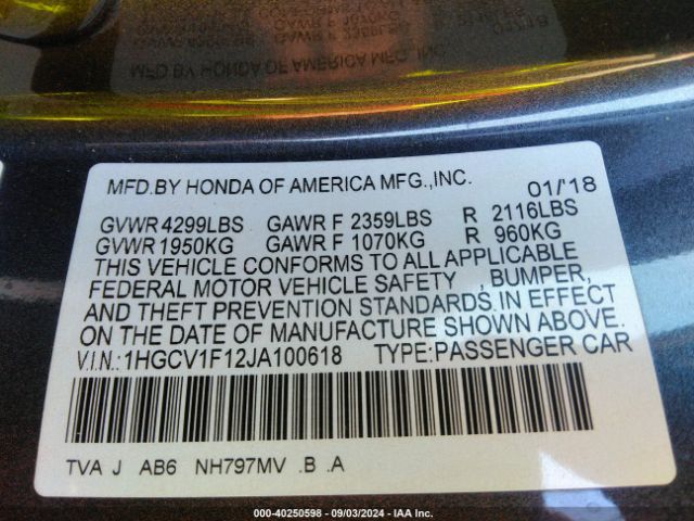 Photo 8 VIN: 1HGCV1F12JA100618 - HONDA ACCORD 