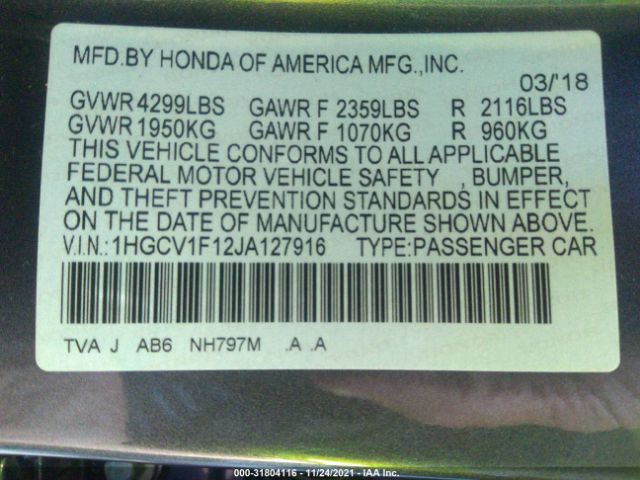 Photo 8 VIN: 1HGCV1F12JA127916 - HONDA ACCORD SEDAN 