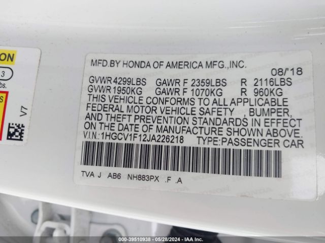 Photo 8 VIN: 1HGCV1F12JA226218 - HONDA ACCORD 