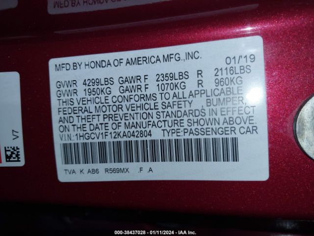 Photo 8 VIN: 1HGCV1F12KA042804 - HONDA ACCORD 