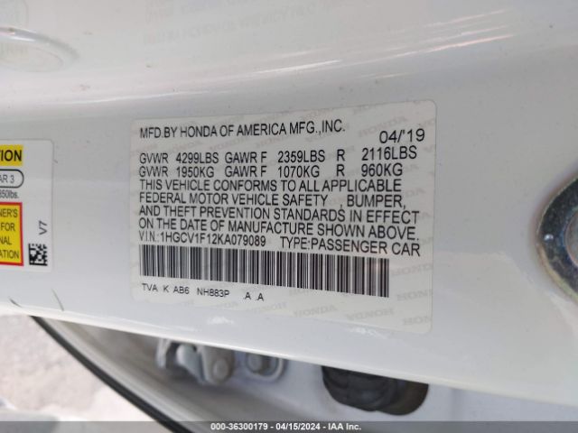 Photo 8 VIN: 1HGCV1F12KA079089 - HONDA ACCORD 