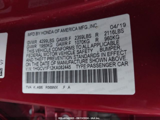 Photo 8 VIN: 1HGCV1F12KA082445 - HONDA ACCORD 