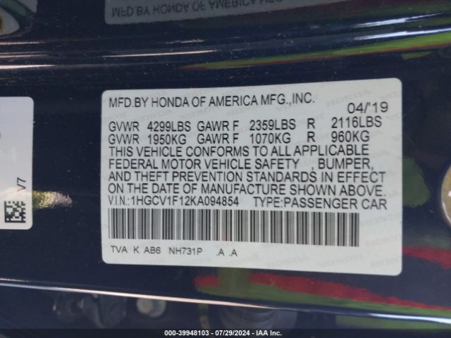 Photo 8 VIN: 1HGCV1F12KA094854 - HONDA ACCORD 