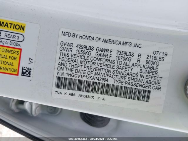 Photo 8 VIN: 1HGCV1F12KA142904 - HONDA ACCORD 