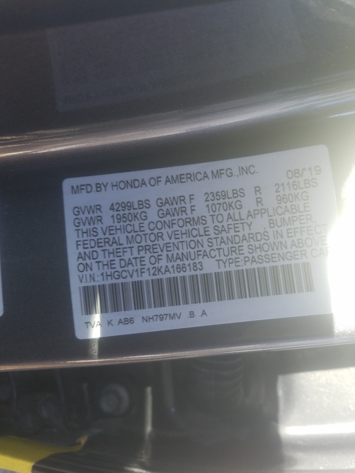 Photo 9 VIN: 1HGCV1F12KA166183 - HONDA ACCORD LX 