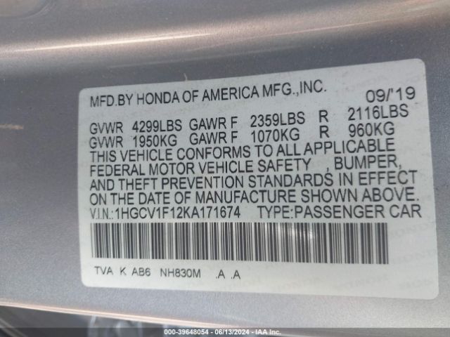 Photo 8 VIN: 1HGCV1F12KA171674 - HONDA ACCORD 