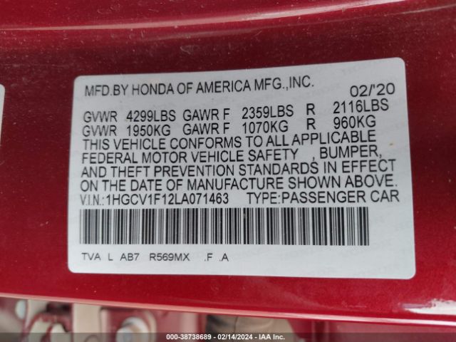 Photo 8 VIN: 1HGCV1F12LA071463 - HONDA ACCORD 