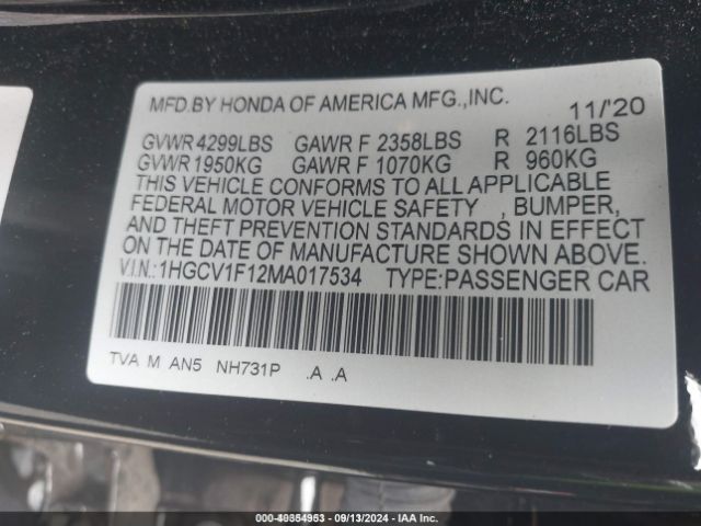 Photo 8 VIN: 1HGCV1F12MA017534 - HONDA ACCORD 