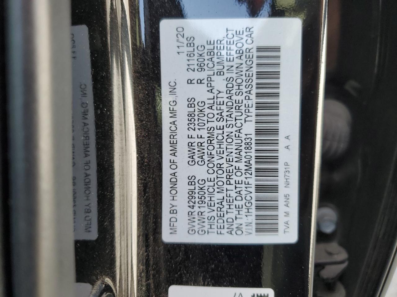 Photo 12 VIN: 1HGCV1F12MA018831 - HONDA ACCORD 