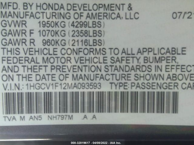 Photo 8 VIN: 1HGCV1F12MA093593 - HONDA ACCORD SEDAN 