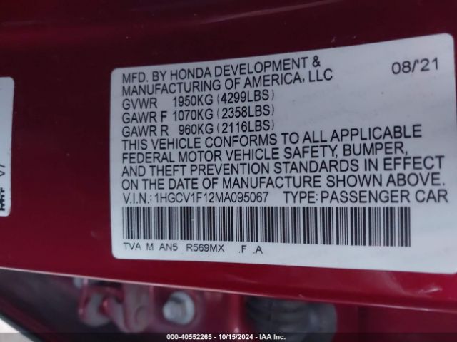 Photo 8 VIN: 1HGCV1F12MA095067 - HONDA ACCORD 