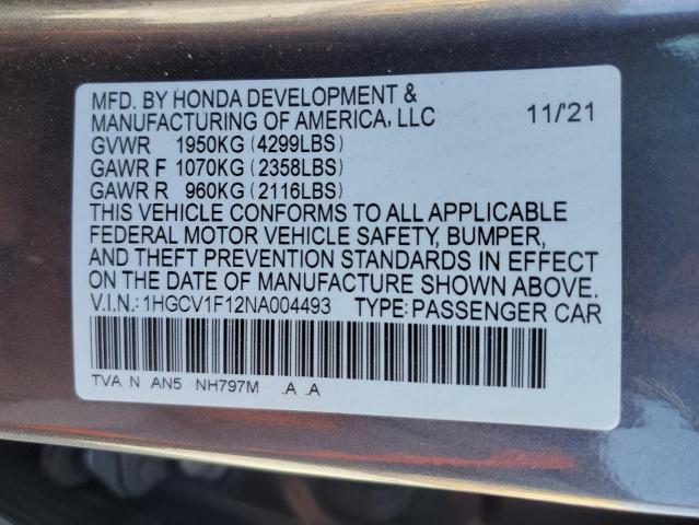 Photo 12 VIN: 1HGCV1F12NA004493 - HONDA ACCORD LX 