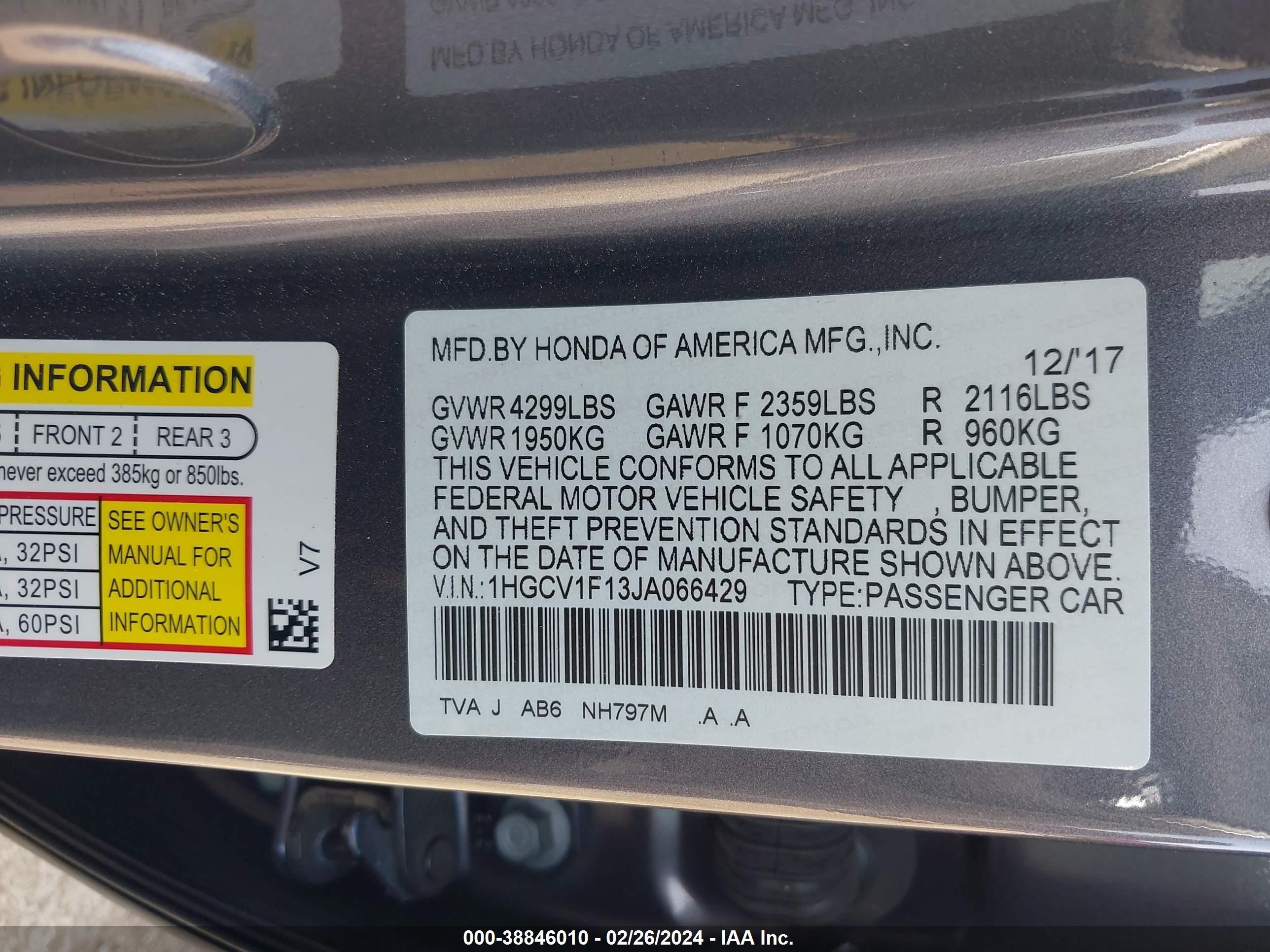 Photo 8 VIN: 1HGCV1F13JA066429 - HONDA ACCORD 