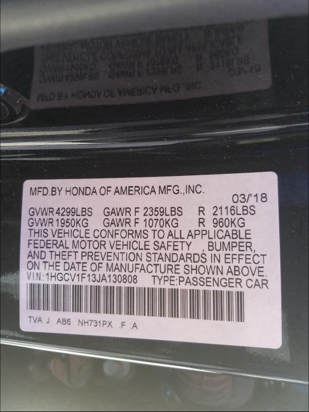 Photo 9 VIN: 1HGCV1F13JA130808 - HONDA ACCORD LX 