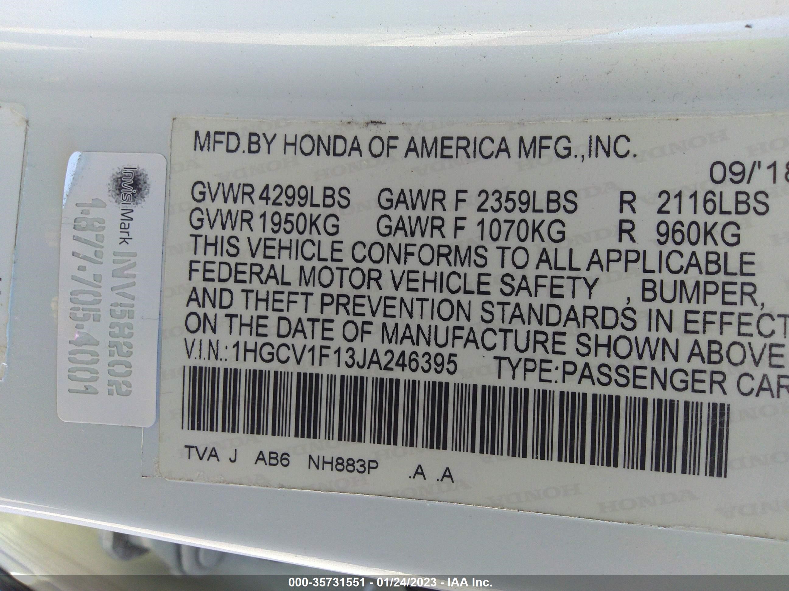 Photo 8 VIN: 1HGCV1F13JA246395 - HONDA ACCORD 