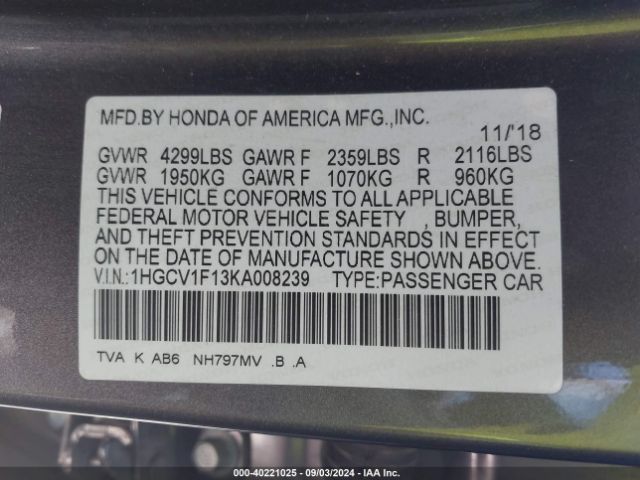 Photo 8 VIN: 1HGCV1F13KA008239 - HONDA ACCORD 