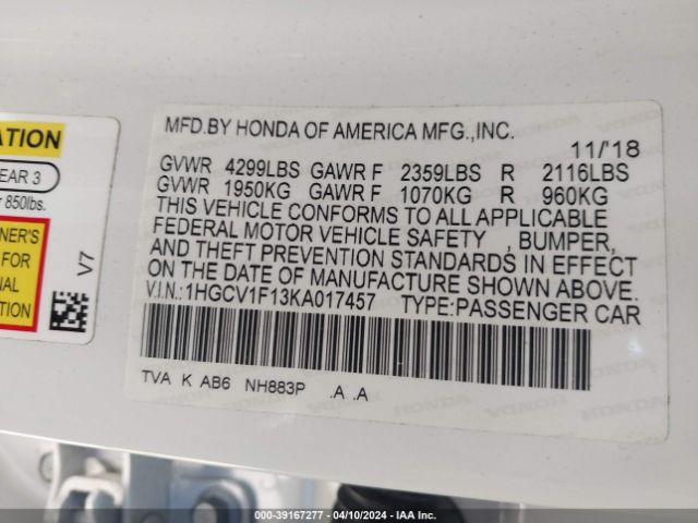 Photo 8 VIN: 1HGCV1F13KA017457 - HONDA ACCORD 