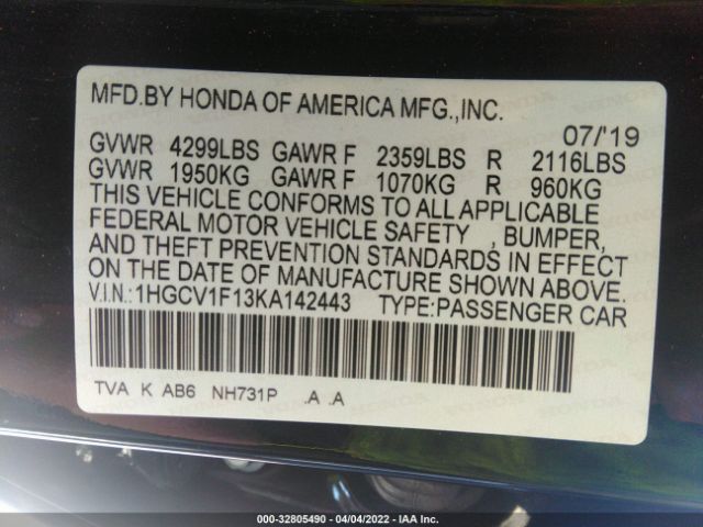 Photo 8 VIN: 1HGCV1F13KA142443 - HONDA ACCORD SEDAN 