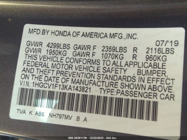 Photo 8 VIN: 1HGCV1F13KA143821 - HONDA ACCORD 