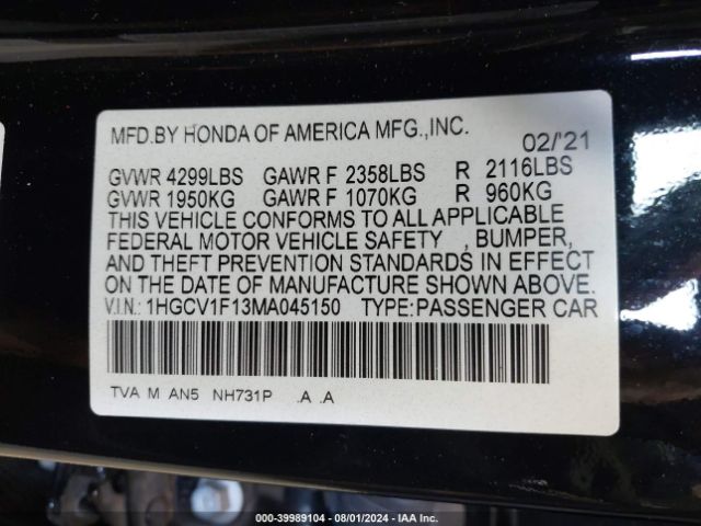 Photo 8 VIN: 1HGCV1F13MA045150 - HONDA ACCORD 