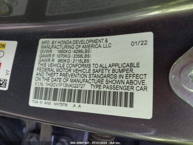 Photo 8 VIN: 1HGCV1F13NA022727 - HONDA ACCORD 