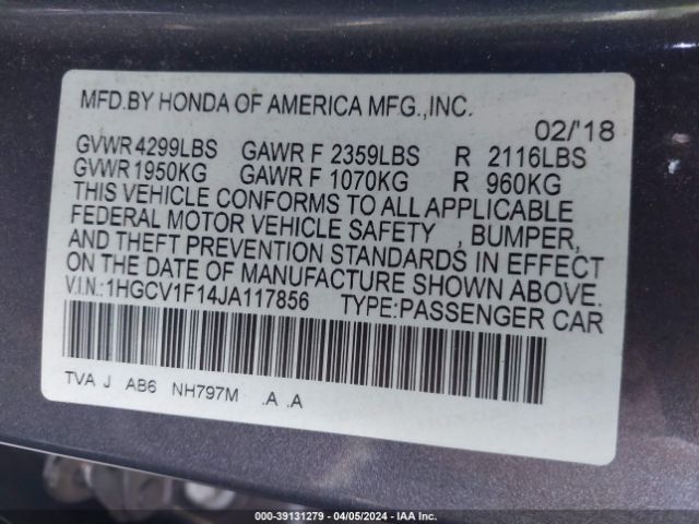 Photo 8 VIN: 1HGCV1F14JA117856 - HONDA ACCORD 