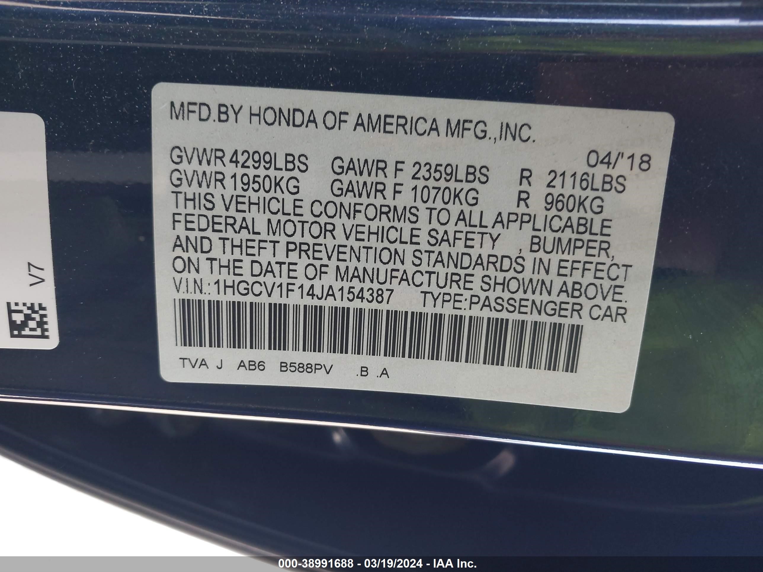 Photo 8 VIN: 1HGCV1F14JA154387 - HONDA ACCORD 