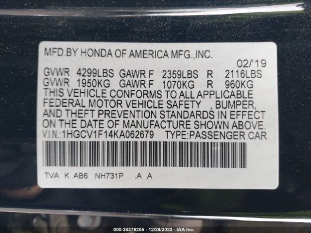 Photo 8 VIN: 1HGCV1F14KA062679 - HONDA ACCORD 