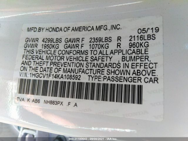 Photo 8 VIN: 1HGCV1F14KA108592 - HONDA ACCORD SEDAN 