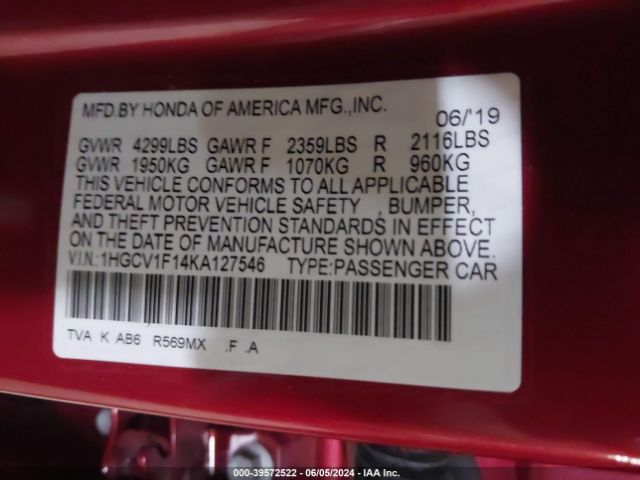 Photo 8 VIN: 1HGCV1F14KA127546 - HONDA ACCORD 